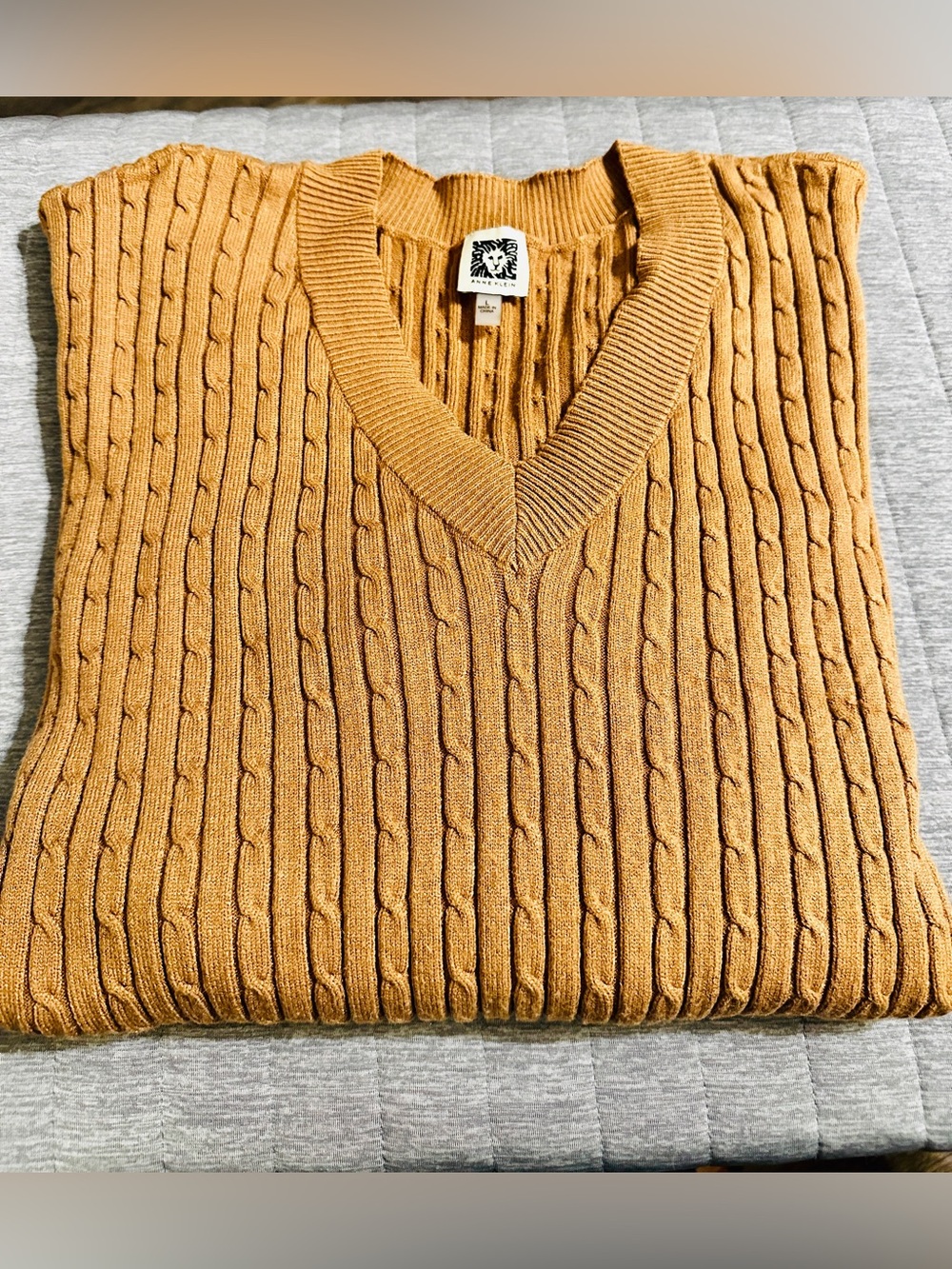 Anne Klein Camel Cable-Knit V-Neck Sweater